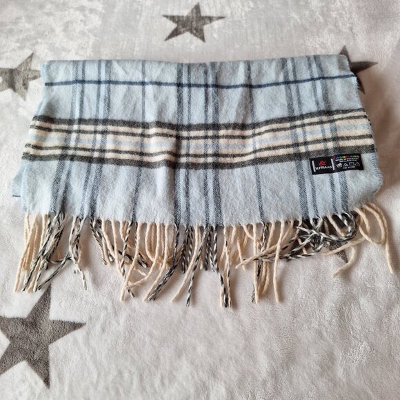 V. Fraas Cashmink Blue & Beige Plaid Design Fringe Scarf Wrap Made In Germany OS - Picture 3 of 7